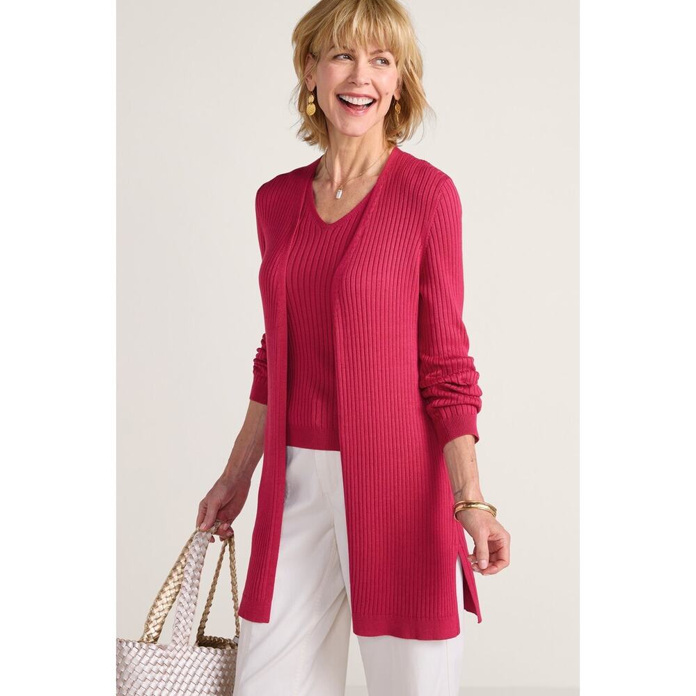 Soft Surroundings Pink Open Front Ribbed Cardigan Sweater Womans Size Medium